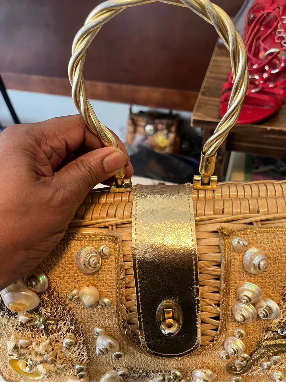 vintage Seashell-Embellished Wicker Box Purse.